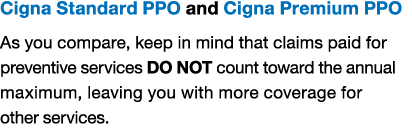 Cigna Standard PPO and Cigna Premium PPO As you compare, keep in mind that claims paid for preventive services DO NOT...
