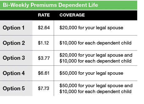 Bi Weekly Premiums Dependent Life,,Rate,Coverage,Option 1,$2.64 ,$20,000 for your legal spouse,Option 2,$1.12 ,$10,00...