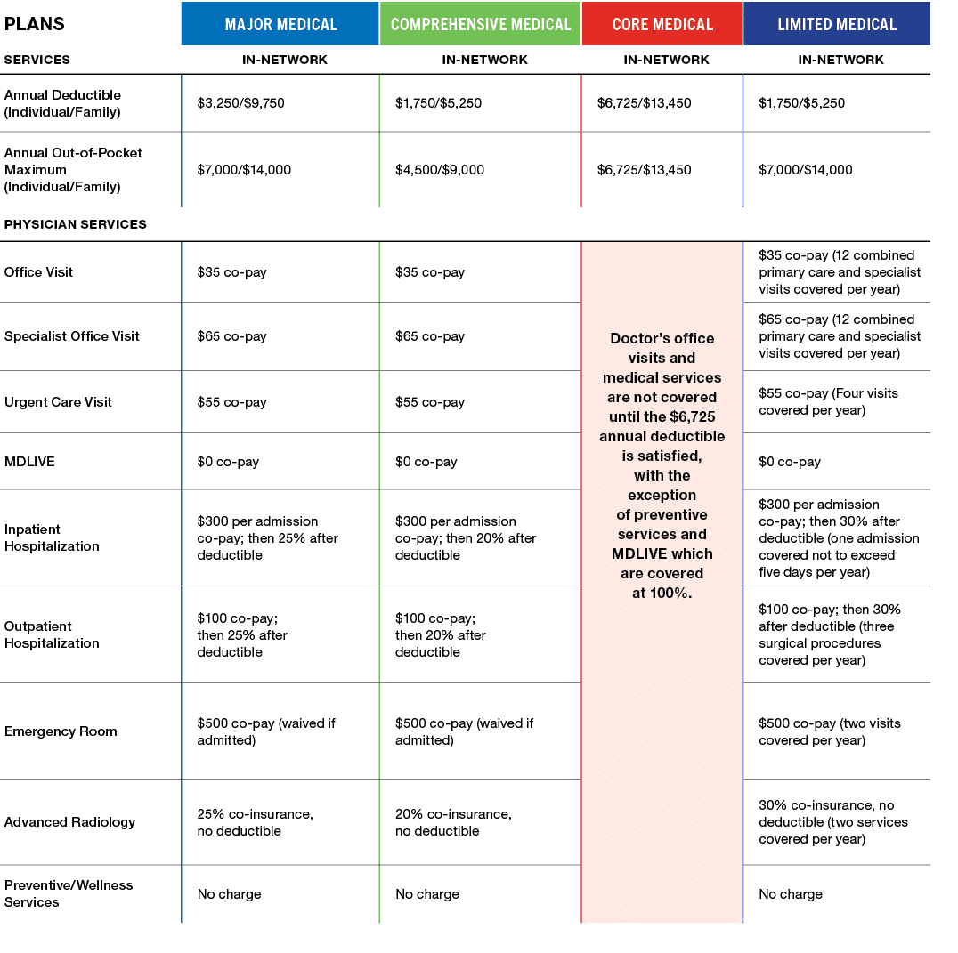 PLANS,Major Medical,Comprehensive Medical,Core Medical,Limited Medical,Services,In Network,In Network,In Network,In N...
